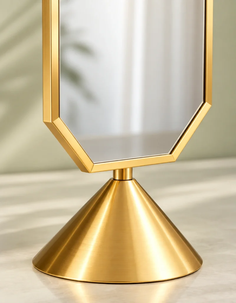 Aurex Geo geometric luxury standing mirror with gold stainless steel frame