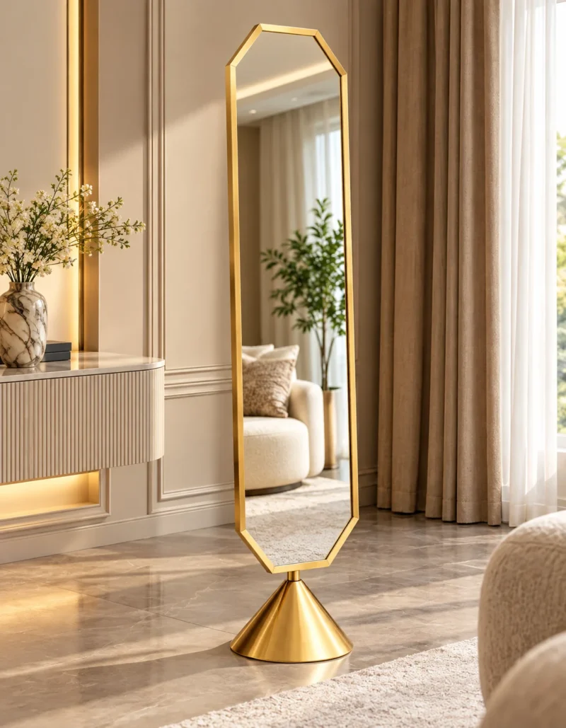 Aurex Geo geometric luxury standing mirror with gold stainless steel frame