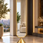 Aurex Geo geometric luxury standing mirror with gold stainless steel frame