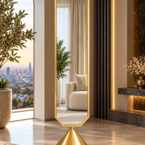 Aurex Geo geometric luxury standing mirror with gold stainless steel frame
