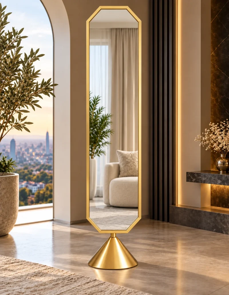 Aurex Geo geometric luxury standing mirror with gold stainless steel frame