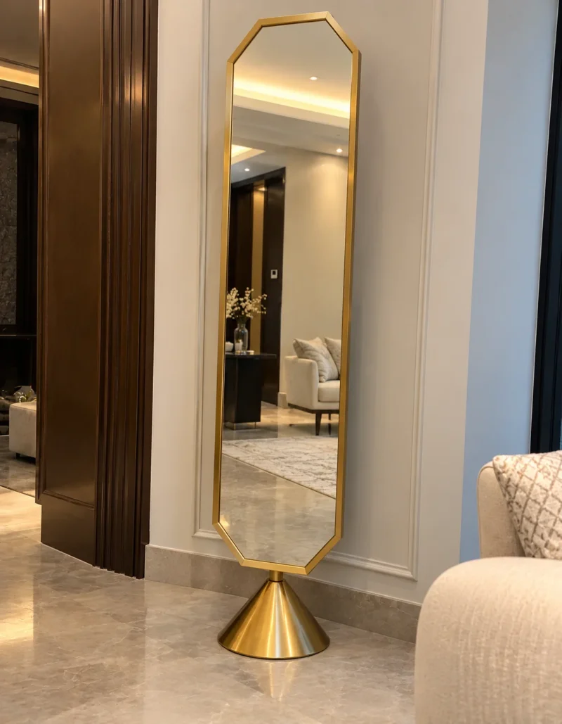 Aurex Geo geometric luxury standing mirror with gold stainless steel frame