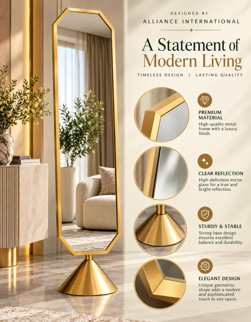 Aurex Geo geometric luxury standing mirror with gold stainless steel frame