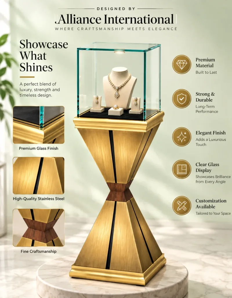 Aurex Geo jewelry pedestal display case with gold base