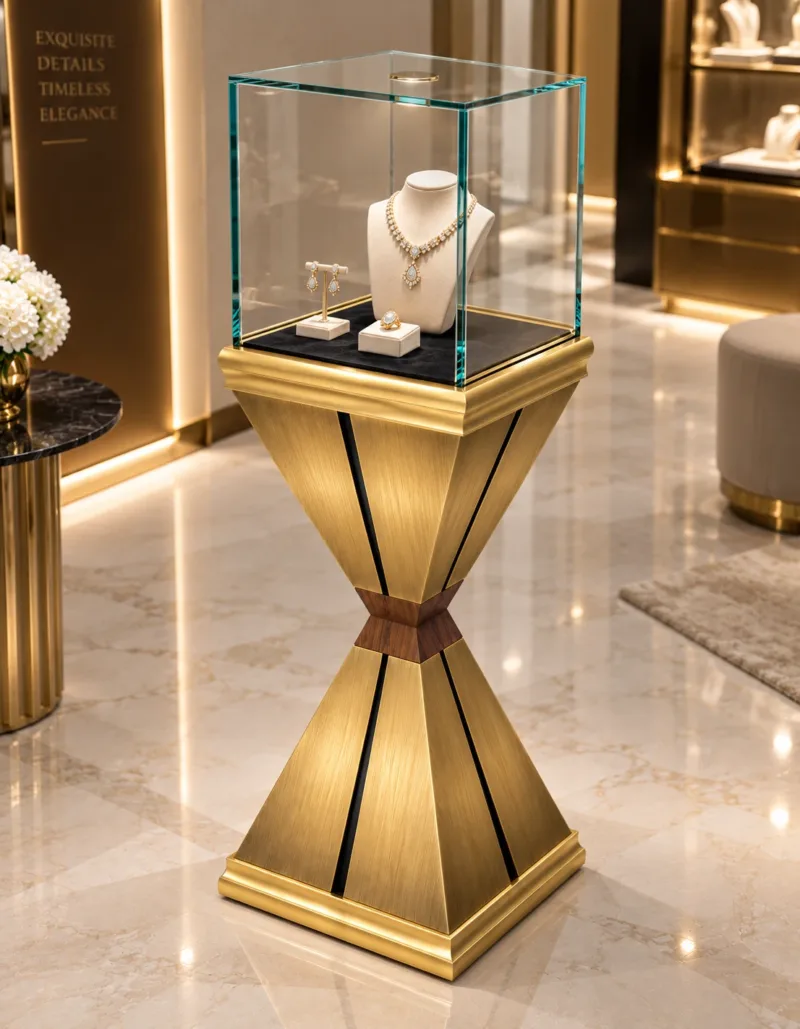 Aurex Geo jewelry pedestal display case with gold base
