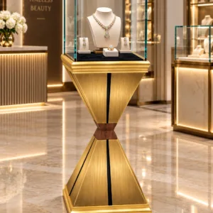 Aurex Geo jewelry pedestal display case with gold base