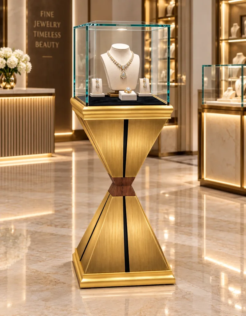 Aurex Geo jewelry pedestal display case with gold base