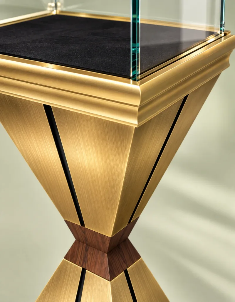 Aurex Geo jewelry pedestal display case with gold base