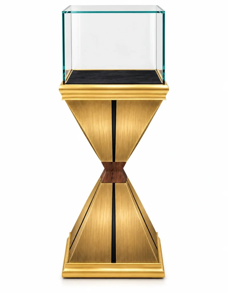 Aurex Geo jewelry pedestal display case with gold base