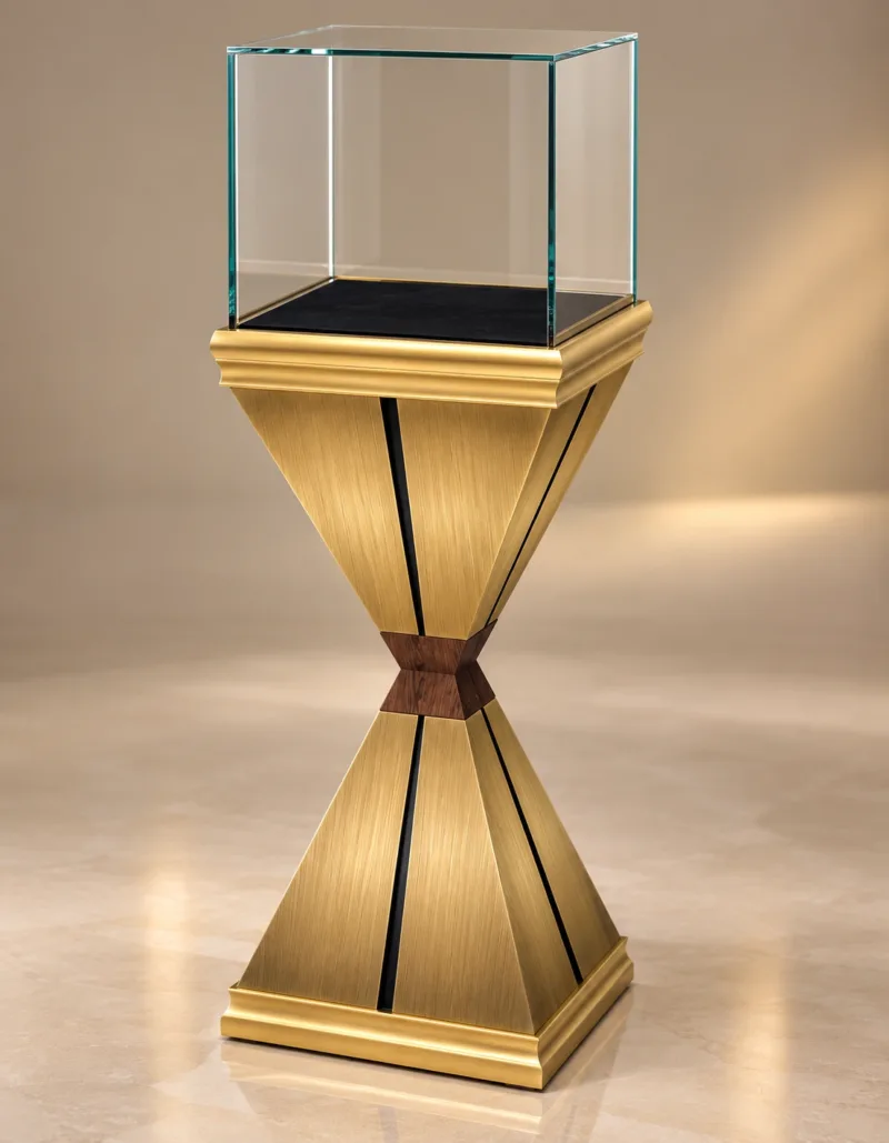 Aurex Geo jewelry pedestal display case with gold base
