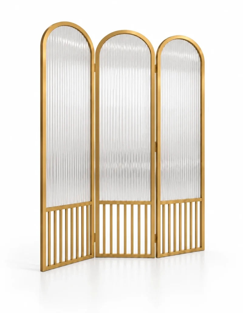 Aveline Arch three-panel fluted glass partition with gold frames and arched tops