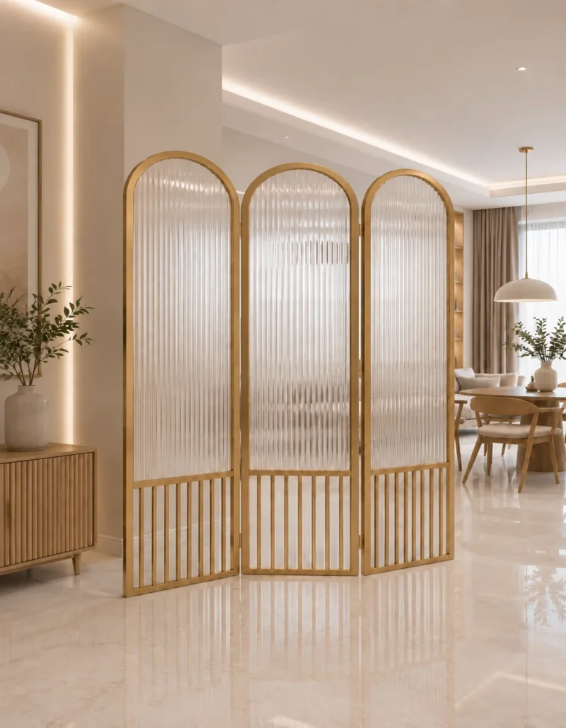 Aveline Arch three-panel fluted glass partition with gold frames and arched tops