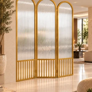 Aveline Arch three-panel fluted glass partition with gold frames and arched tops