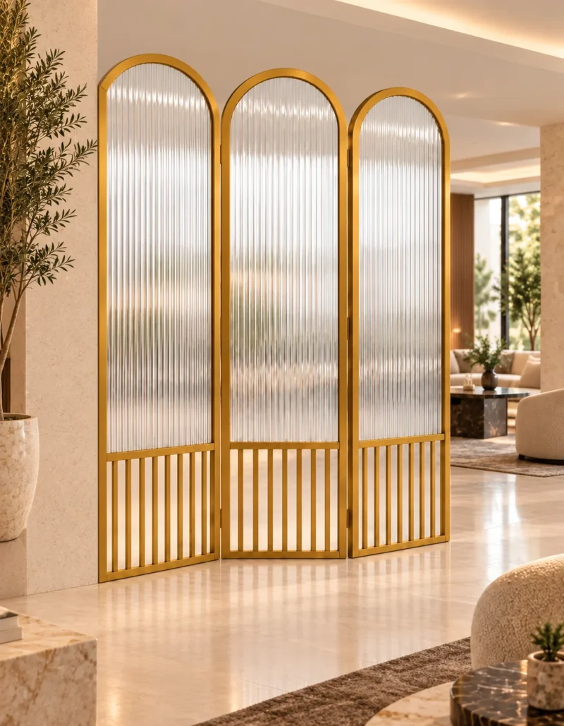 Aveline Arch three-panel fluted glass partition with gold frames and arched tops