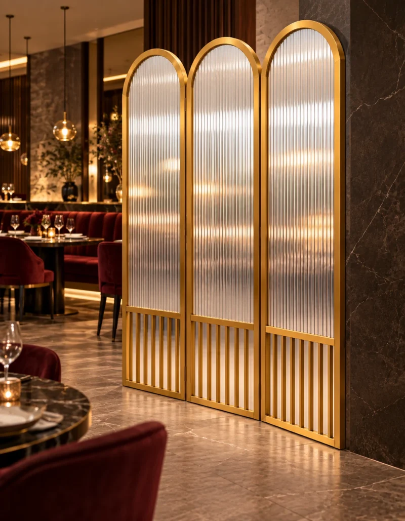 Aveline Arch three-panel fluted glass partition with gold frames and arched tops