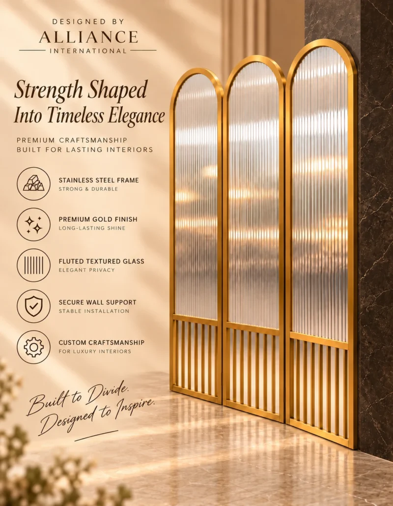 Aveline Arch three-panel fluted glass partition with gold frames and arched tops