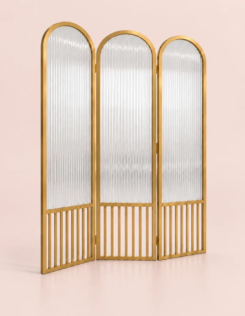 Aveline Arch three-panel fluted glass partition with gold frames and arched tops
