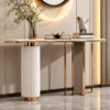 Aveline Luxe dual pedestal console table with marble-style top and gold geometric base