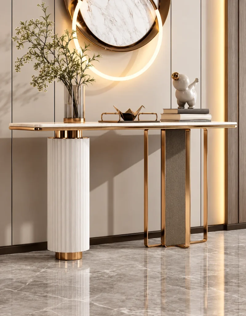 Aveline Luxe dual pedestal console table with marble-style top and gold geometric base