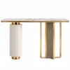 Aveline Luxe dual pedestal console table with marble-style top and gold geometric base