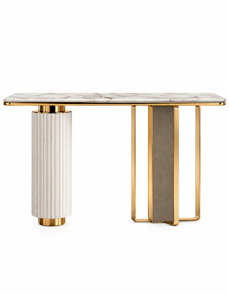 Aveline Luxe dual pedestal console table with marble-style top and gold geometric base