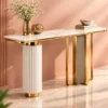 Aveline Luxe dual pedestal console table with marble-style top and gold geometric base