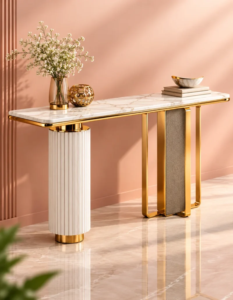 Aveline Luxe dual pedestal console table with marble-style top and gold geometric base