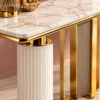 Aveline Luxe dual pedestal console table with marble-style top and gold geometric base