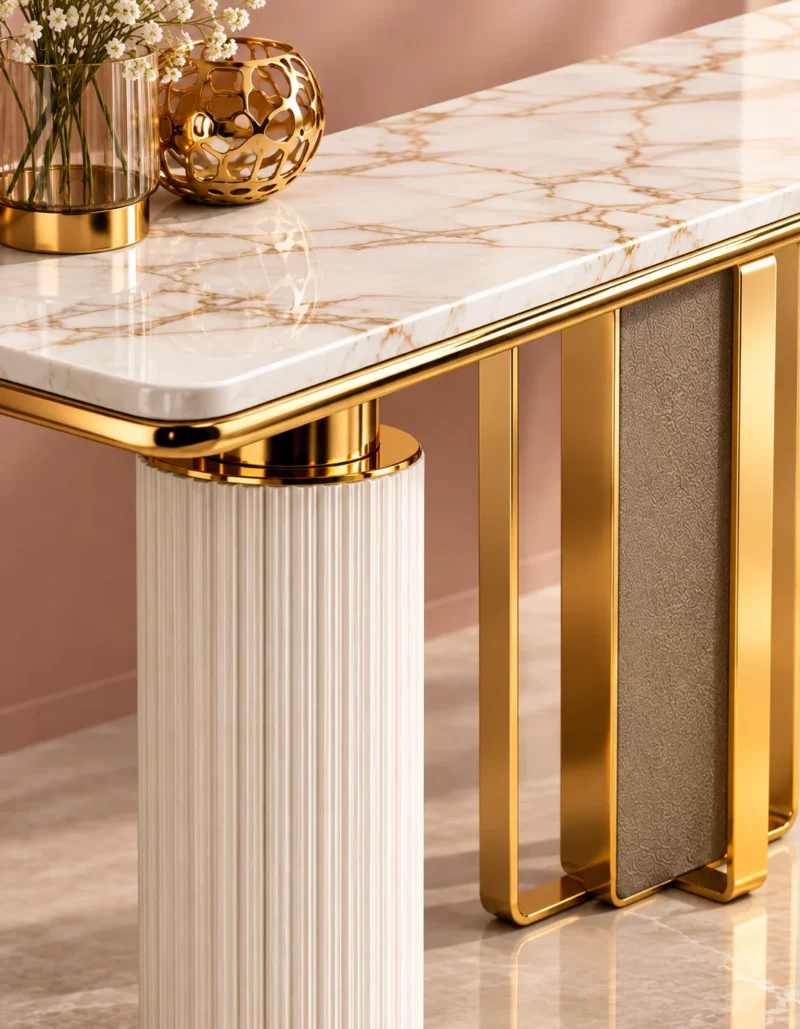 Aveline Luxe dual pedestal console table with marble-style top and gold geometric base
