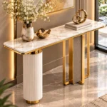 Aveline Luxe dual pedestal console table with marble-style top and gold geometric base