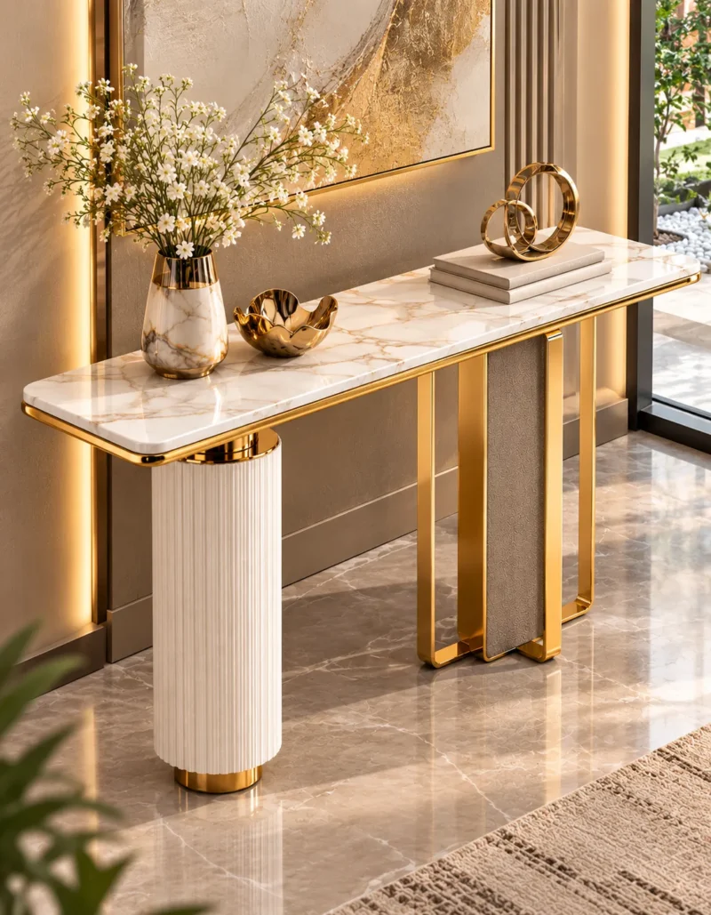 Aveline Luxe dual pedestal console table with marble-style top and gold geometric base