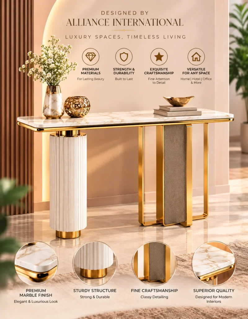 Aveline Luxe dual pedestal console table with marble-style top and gold geometric base
