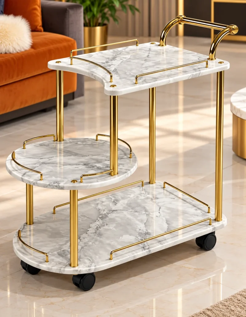 Avelora Luxe asymmetrical serving trolley with marble-look surfaces and gold frame