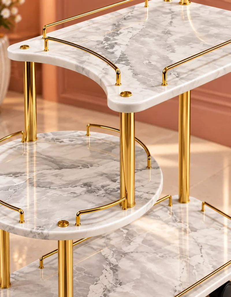 Avelora Luxe asymmetrical serving trolley with marble-look surfaces and gold frame