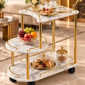Avelora Luxe asymmetrical serving trolley with marble-look surfaces and gold frame