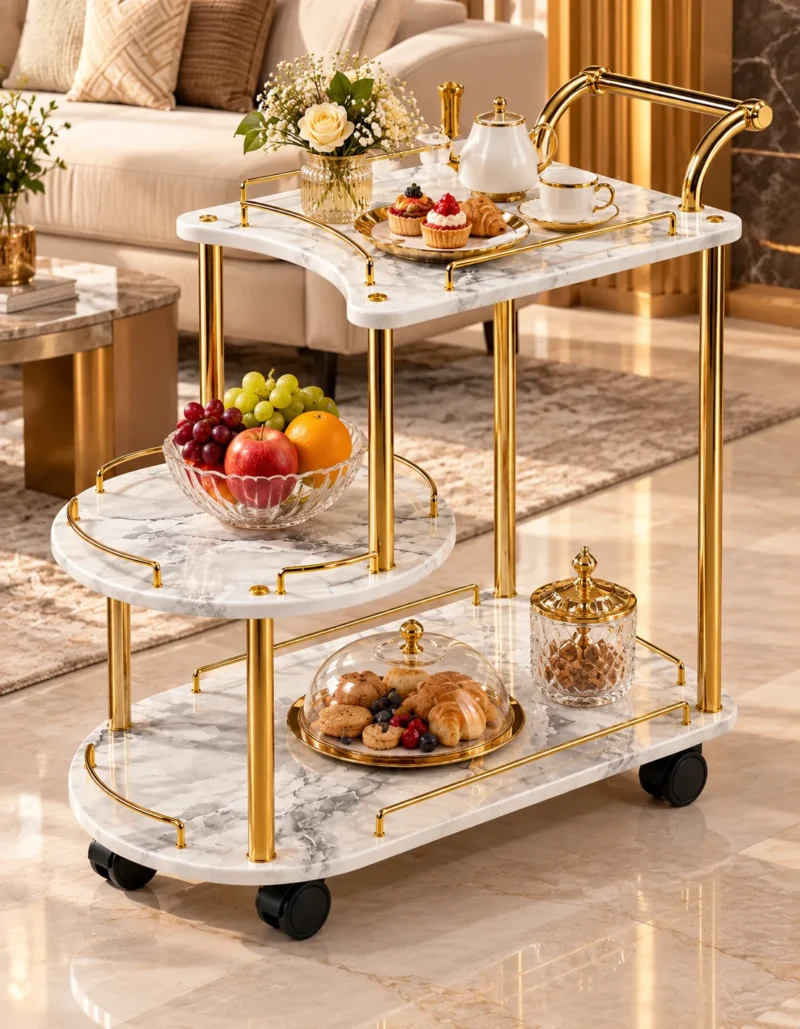 Avelora Luxe asymmetrical serving trolley with marble-look surfaces and gold frame