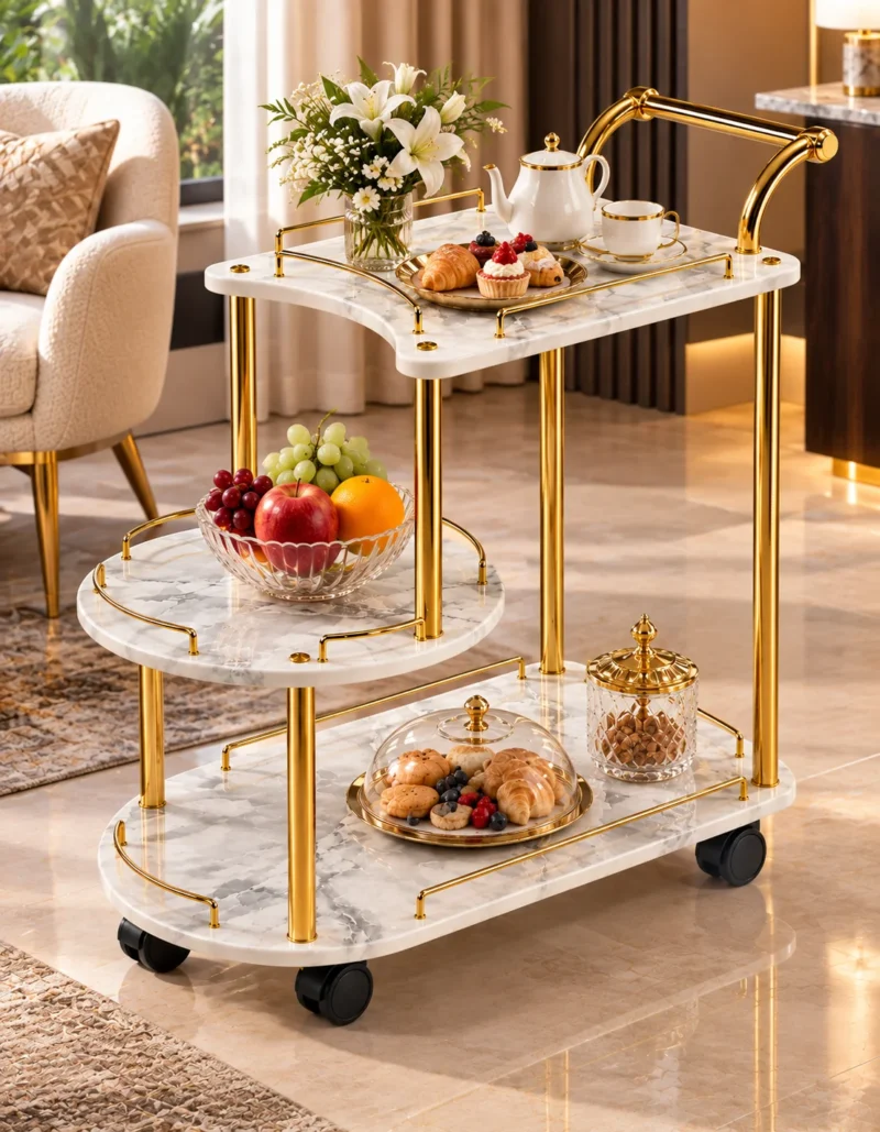Avelora Luxe asymmetrical serving trolley with marble-look surfaces and gold frame