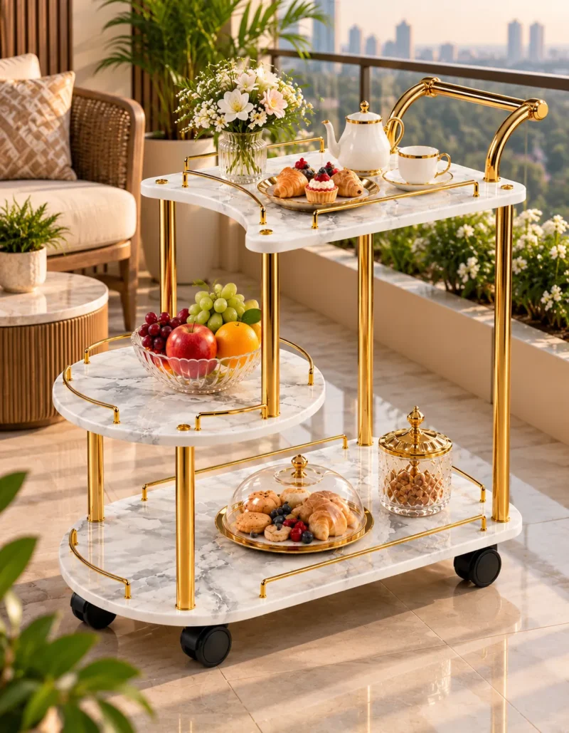 Avelora Luxe asymmetrical serving trolley with marble-look surfaces and gold frame