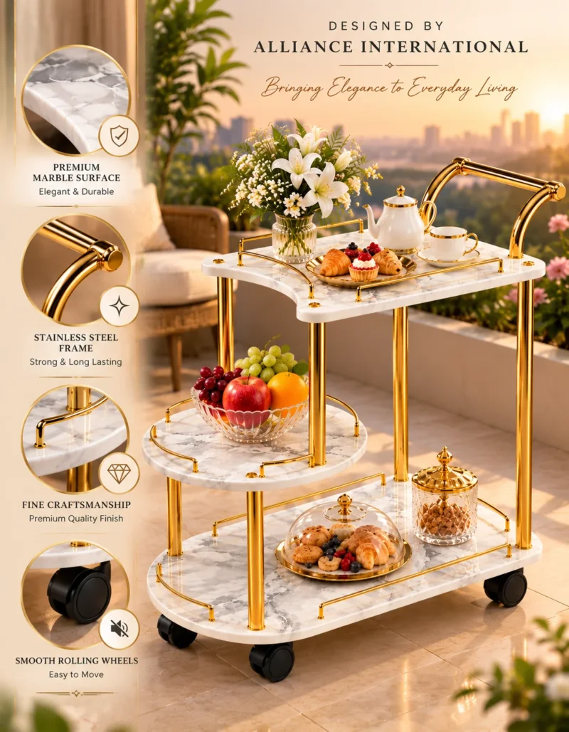 Avelora Luxe asymmetrical serving trolley with marble-look surfaces and gold frame