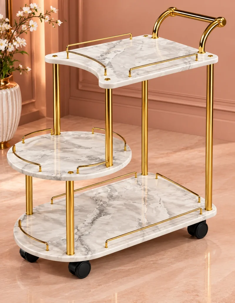 Avelora Luxe asymmetrical serving trolley with marble-look surfaces and gold frame