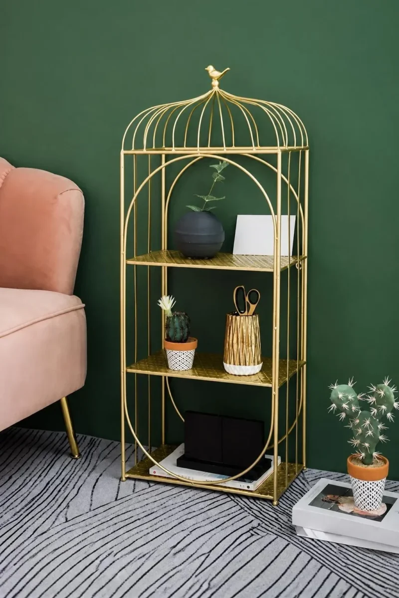 Aviora Luxe birdcage display rack with gold frame and multi-tier shelves