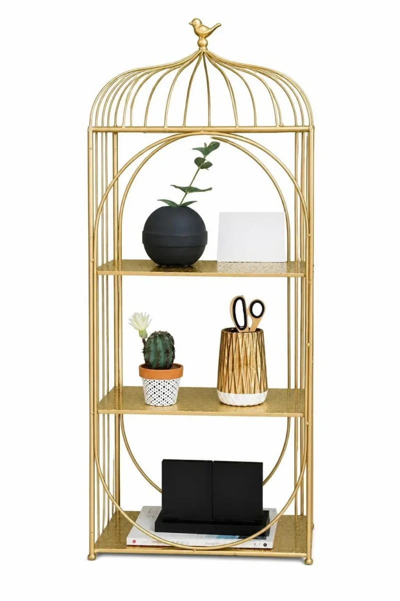 Aviora Luxe birdcage display rack with gold frame and multi-tier shelves
