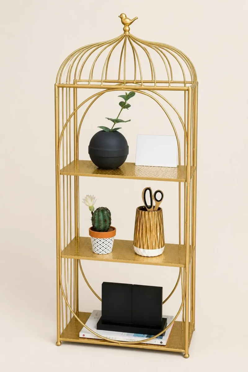 Aviora Luxe birdcage display rack with gold frame and multi-tier shelves