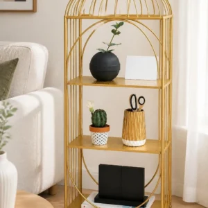 Aviora Luxe birdcage display rack with gold frame and multi-tier shelves