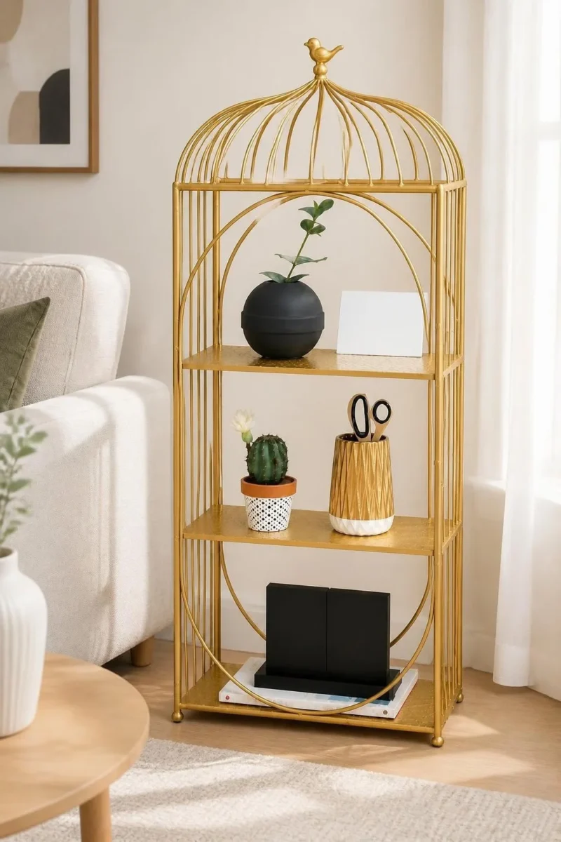 Aviora Luxe birdcage display rack with gold frame and multi-tier shelves