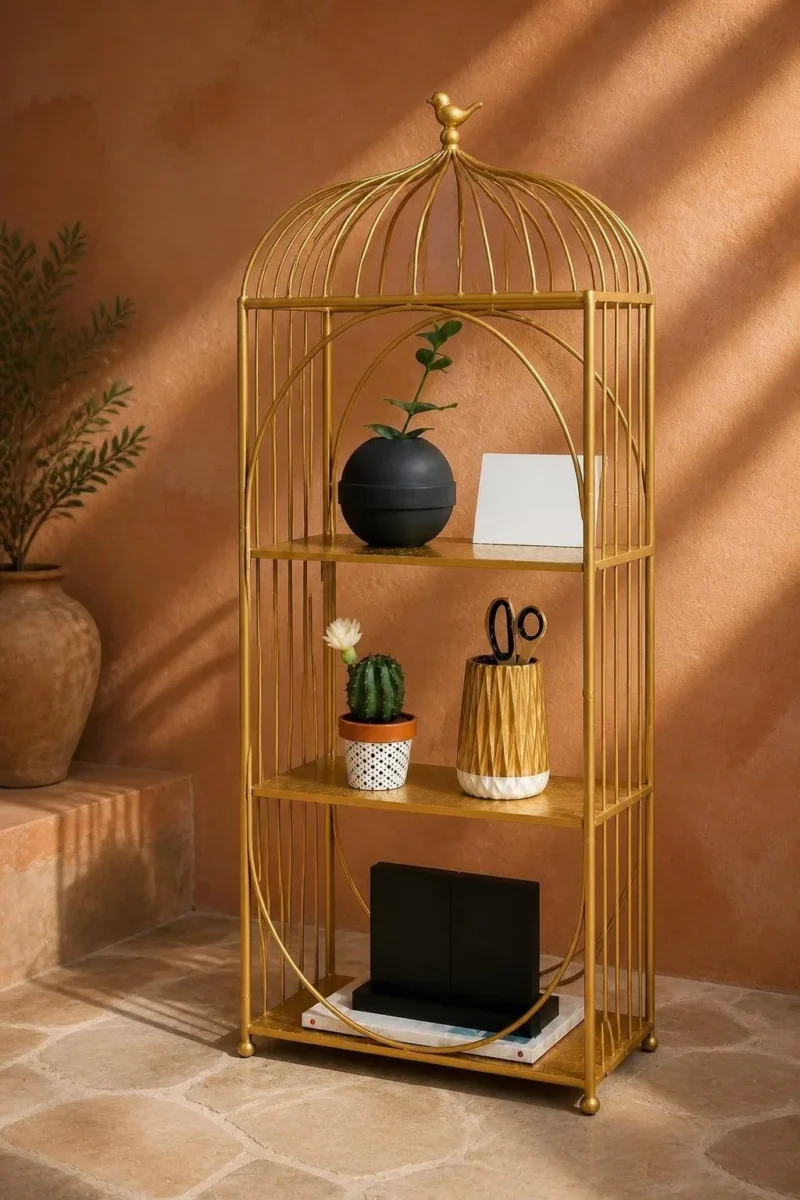 Aviora Luxe birdcage display rack with gold frame and multi-tier shelves