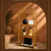 Aviora Luxe birdcage display rack with gold frame and multi-tier shelves