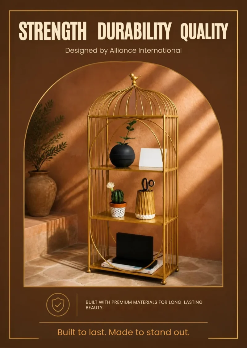 Aviora Luxe birdcage display rack with gold frame and multi-tier shelves