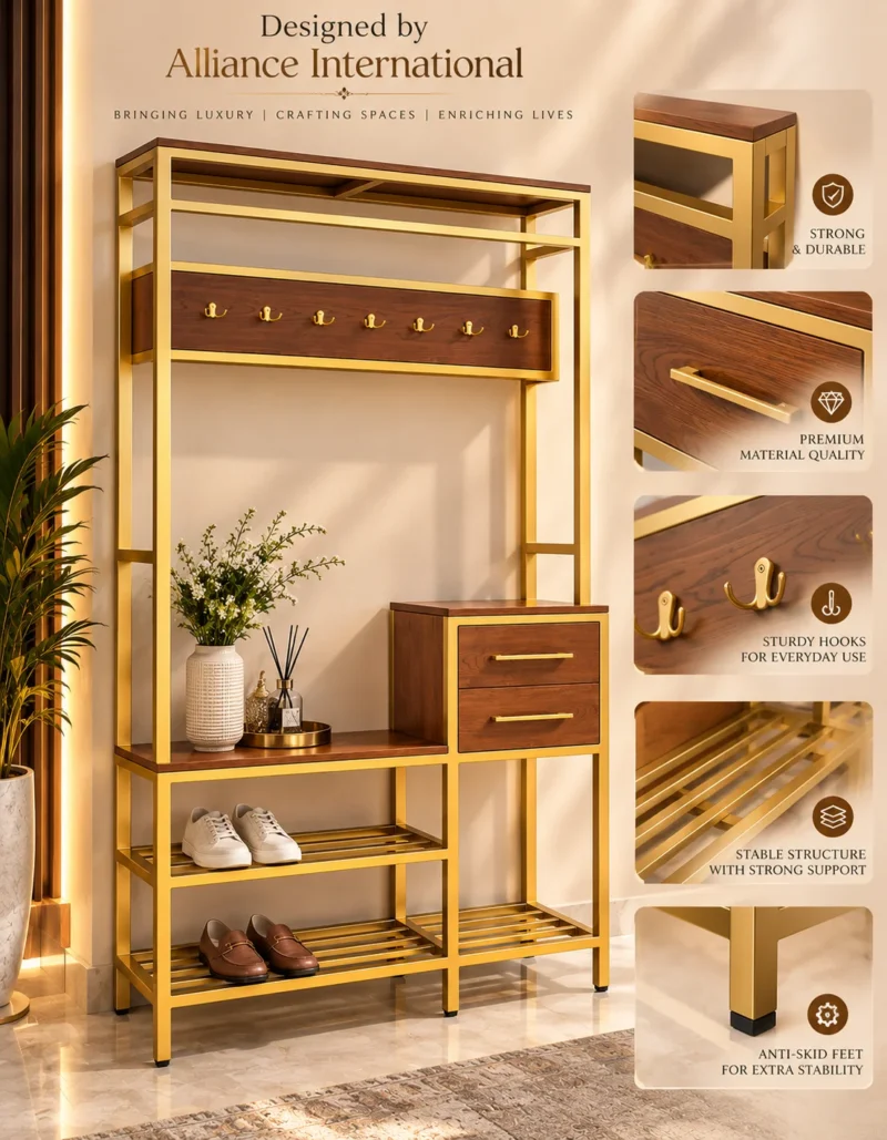 Avira Luxe shoe rack with drawers, hooks, bench and open shoe storage
