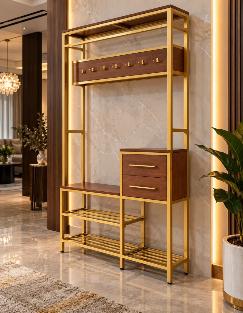 Avira Luxe shoe rack with drawers, hooks, bench and open shoe storage